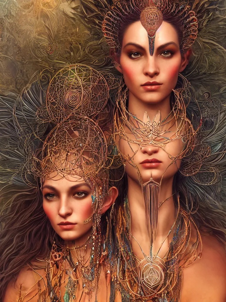 Image similar to a centered render of an alluring mystical tribal goddess adorned with feathers and gemstones and cables and synthesizer parts is surrounded by sacred geometry made from elven architecture, full body, gorgeous face, perfect face, powerful, cinematic, beautifully lit, by artgerm, by karol bak, 3 d, trending on artstation, octane render, 8 k