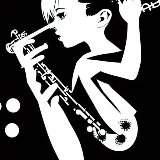 Image similar to an ink drawing of a tech punk girl playing the saxophone by ilya kuvshinov, black and white, white outline, high contrast