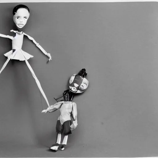 Image similar to 1 9 5 0 s children marionette toys comming to life, scary, fear, horror, thriller, cinematic still, jump scare, pov, wide shot, polaroid,