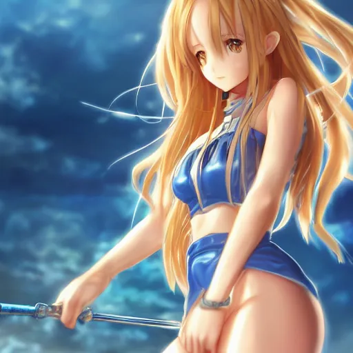 Image similar to a very beautiful young yuuki asuna, full body, long wavy blond hair, sky blue eyes, full round face,, shiny golden bikini, miniskirt, front shot, locked in a bright prison cell, highly detailed, cinematic wallpaper by stanley artgerm lau