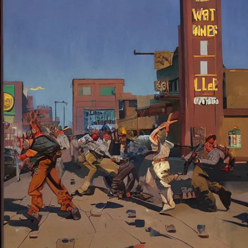 Prompt: dynamic shootout in western town, by tom lovell and frank schoonover and dean cornwell