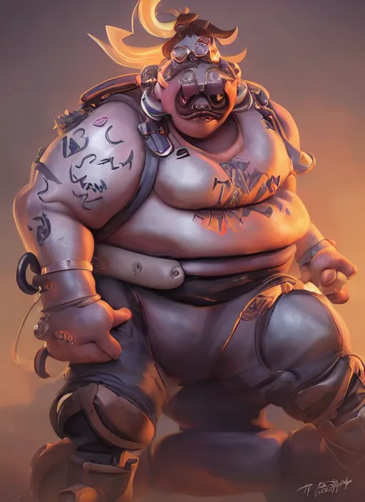 Image similar to character portrait of a fusion of Roadhog from Overwatch and Moira from Overwatch by ArtGerm and Tom Bagshaw, 4k, highly detailed, cinematic lighting, characters merged