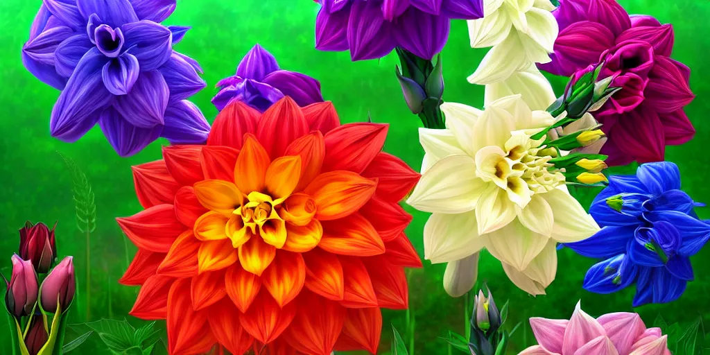 Image similar to multi color dahlia, delphinium, freesia, roses, gladiolus, pastel botanical painting, animal fairy, nature unique attractive, beautifully lit, by studio ghibli and albert bierstadt, 8 k volumetric lights unreal engine trending on art station