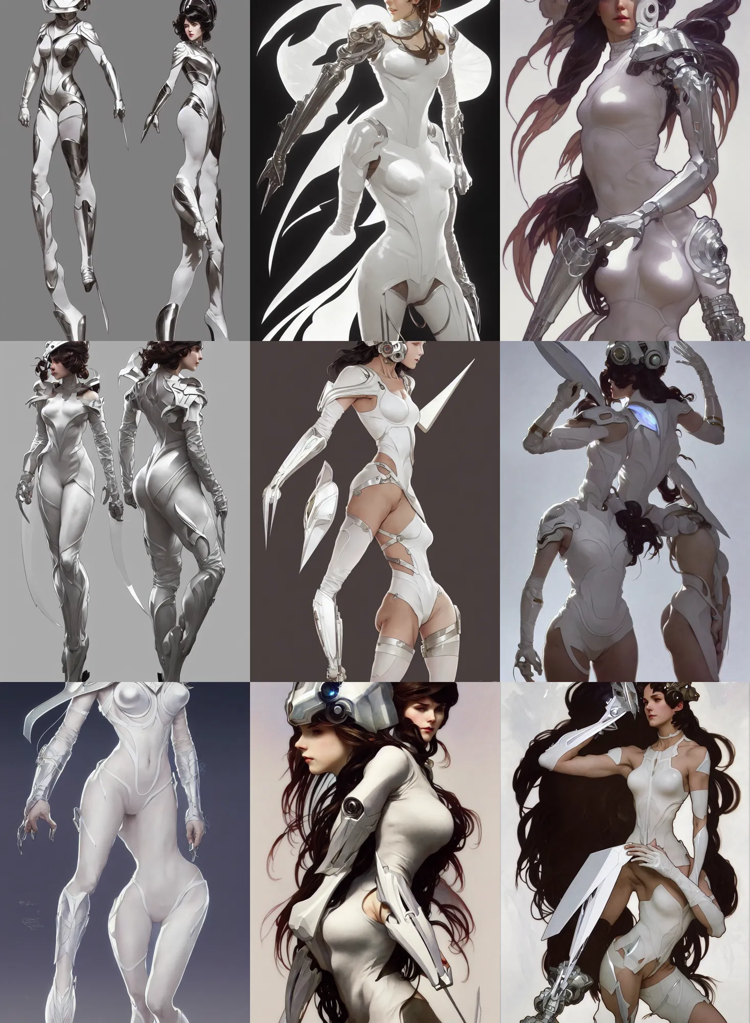 Prompt: a full body character design by artgerm, cushart krenz, greg rutkowski and alphonse mucha. sci - fi dagger. white tape project show attctive showgirl!! full body with helmet!! sharp edge. ultra clear detailed. contour light effect!! 8 k. stage light. ultra detailed, elegant, intricate, octane render.