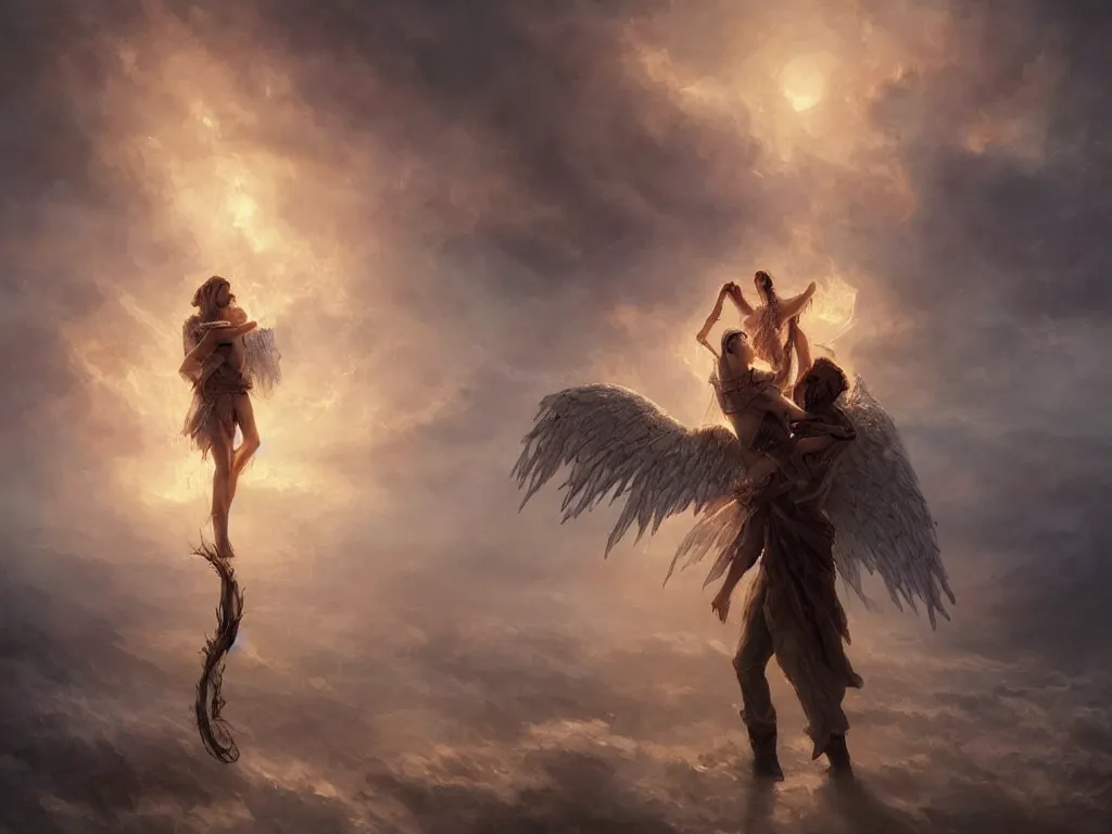 Prompt: angel carries a burning man in his arms in the clouds, fantasy art, award winning, dark fantasy, fantasy magic, intricate, elegant, sharp focus, cinematic lighting, highly detailed, digital painting, concept art, art by wlop and artgerm and greg rutkowski, masterpiece, trending on artstation, 8 k