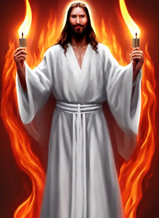 Image similar to « full length portrait of the white - tailed jesus in a white robe and flame in eyes, seven stars in right hand, grim - lighting, high - contrast, intricate, elegant, highly detailed, digital painting, artstation, concept art, smooth, sharp focus, illustration »