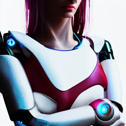 Prompt: a portrait of a female cyborg, fashion, streak lights, ligjt trail, color gel, photogtaphy, canon r 5, wide angle, white background, 3 d render, unreal engine, white suit