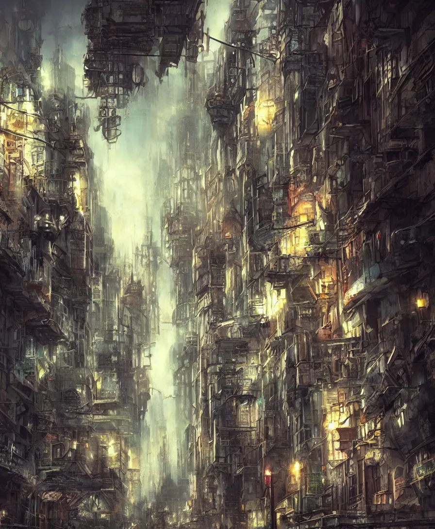 Image similar to concept art matte painting pastels cinematic epic breathtaking urban decay grunge city street