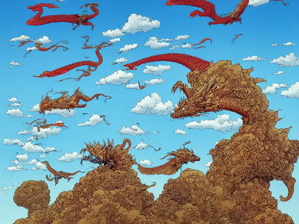 Image similar to blue dragon flying in the clouds, by Geof Darrow and Roger Dean, science fiction, trending on artstation