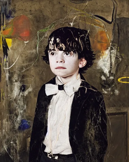 Image similar to portrait of a child in tuxedo painted by vincent lefevre and hernan bas and pablo amaringo and pat steir and hilma af klint, background in high definition 3 d, psychological, photorealistic, dripping paint, washy brush, rendered in octane, altermodern, masterpiece