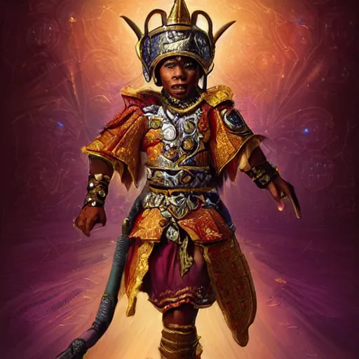 Prompt: a young black boy dressed like an african moorish warrior in gold armor and a crown with a ruby, and a very ornate glowing scimtar, for honor character digital illustration portrait design, by android jones in a psychedelic fantasy style, dramatic lighting, hero pose, wide angle dynamic portrait