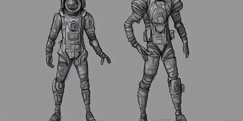 Image similar to male, fully body, elongated figure, space suit with a helmet, large shoulders, short torso, long thin legs, tiny feet, character sheet, digital sketch, hyperdetailed, dieselpunk, stylized character design, concept design