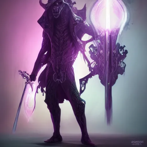 Image similar to a man in a purple suit holding a glowing sword, concept art by Android Jones, cgsociety, sumatraism, 8k, #vfxfriday, ue5