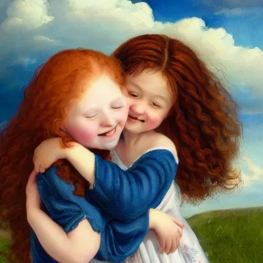Prompt: a young black haired girl hugging a young ginger haired girl and smiling, beautiful, innocent, angelic, happy, warm, soft lighting, in the clouds, renaissance, beautiful, cherubic, oil painting