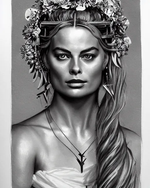 Image similar to realism tattoo sketch of margot robbie as a beautiful greek goddess aphrodite with piercing eyes wearing a laurel wreath and triangle earrings, in the style of greg rutkowski, amazing detail