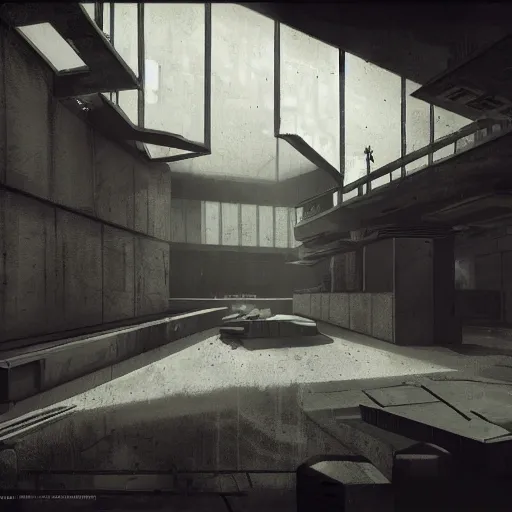 Image similar to brutalist interior with high celing and big windows, dark moody lighting, neo militarism, eco brutalism, highly detailed, excellent composition, cinematic concept art, dramatic lighting, trending on artstation