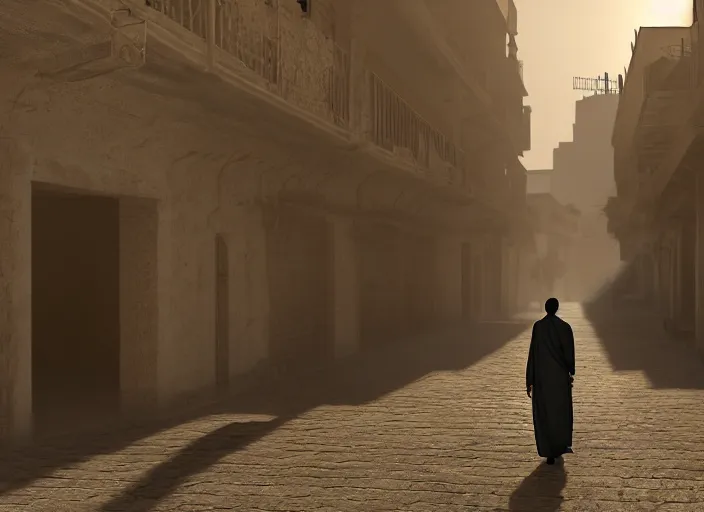 Image similar to old jeddah city alley, roshan, old shops, horse, magical glowing sand portal to another dimension, a man wearing a white robe standing watching over, dramatic lighting, dawn, by caspar david friedrich, unreal engine 5