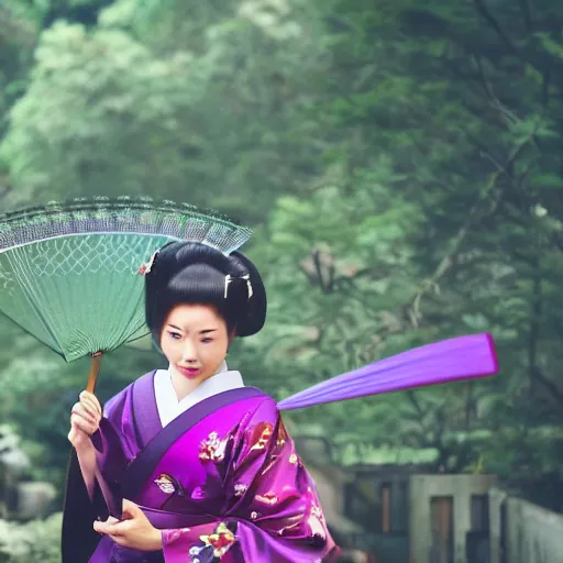 Image similar to Japanese geisha with beautiful violet paper fan, 4k photography, 30 mm lens, cinematic light, warm atmosphere, in style of Kar Wai Wong, cigarette smoke trail