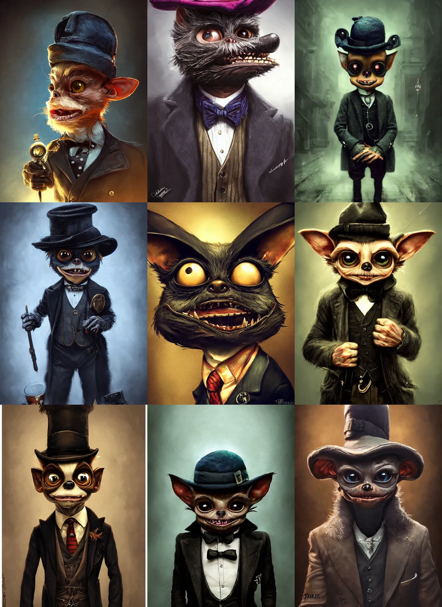 Prompt: Gizmo the cute gremlin wearing a peaky blinders suit, vivid colors, dark shadows, contrast, concept art, sharp focus, digital art, Hyper-realistic, 4K, Unreal Engine, Highly Detailed, Dramatic Lighting, Beautiful, by Brom, bastien lecouffe-deharme