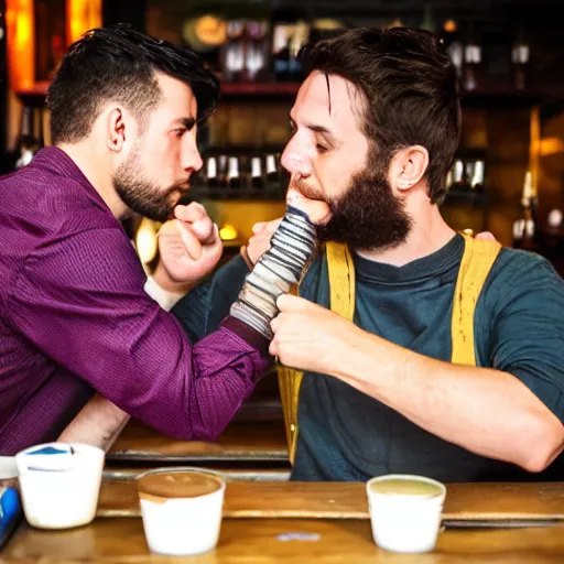 Prompt: 90mm color photo of a man elbowing another man at the local pub