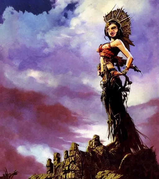 Image similar to mighty princess of the wasteland, scrap metal headdress, ominous ruins, strong line, deep color, cloudy sky, beautiful! coherent! by brom, by frank frazetta,