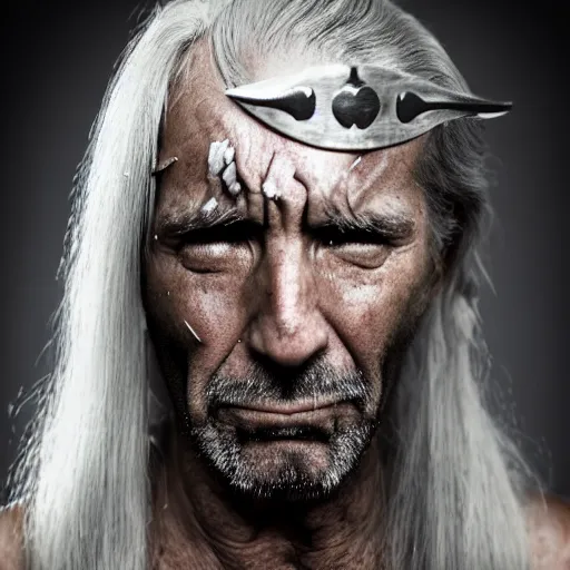 Prompt: man with a long grey hair and scars on his face pointing his sword towards while he's crying