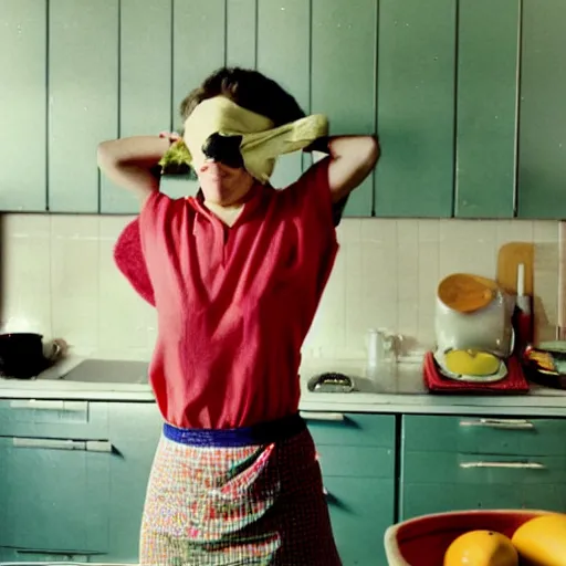 Prompt: feeling with the heart, warm, blindfold, bright colours, female in kitchen, kodachrome