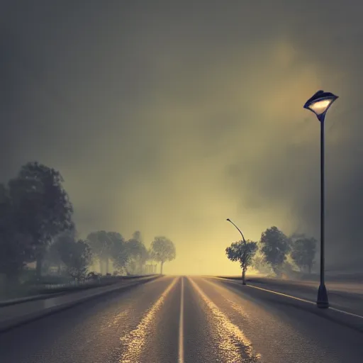 Image similar to dimly lit road at night after rain that leads to a small cozy beach, desaturated, photorealistic, beautiful, sharp, highly detailed, artstation, pixvy