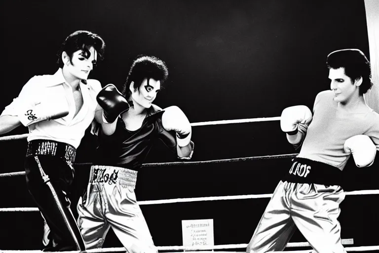 Image similar to michael jackson and elvis presley in the boxing ring