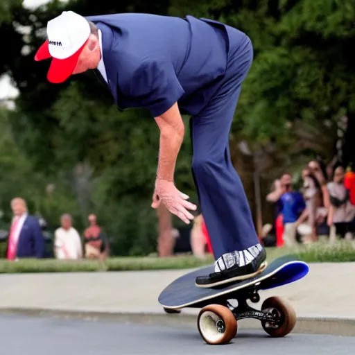 Image similar to donald trump doing a kickflip on a skateboard