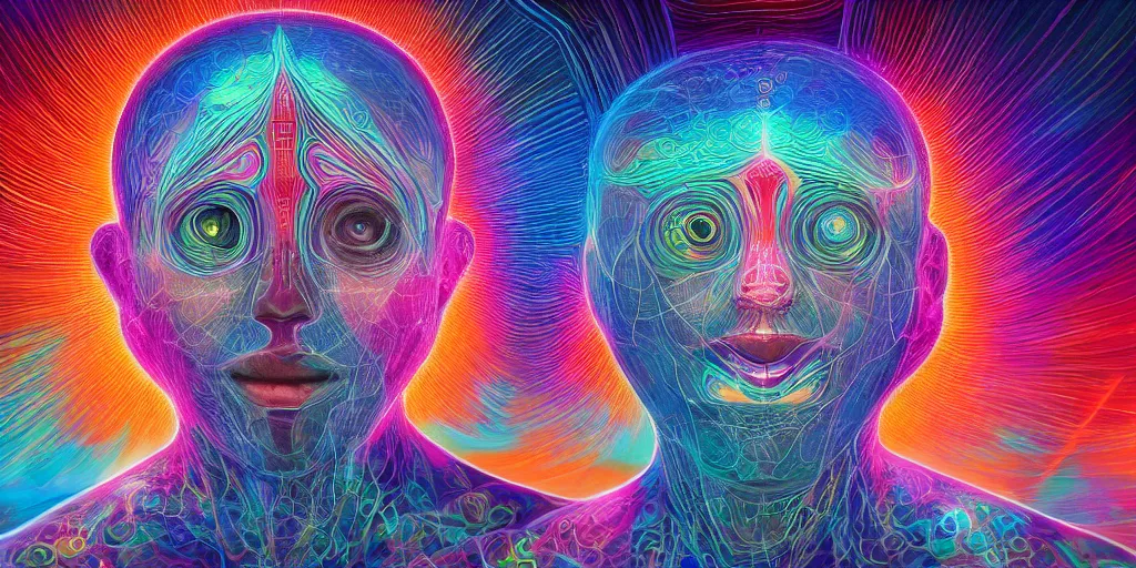 Image similar to ai transcendence into collaborative intelligence, connectedness, body, by alex grey, album cover, award winning, beautiful, colorful, volumetric lighting, trending on artstation, cinematic