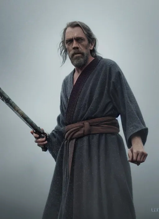 Image similar to hugh laurie as obi vam kenobi, long sleeve, confident, fog, rain, volumetric lighting, sharp focus, ultra detailed, cgsociety by leesha hannigan, ross tran, thierry doizon, kai carpenter, ignacio fernandez rios, noir art house,