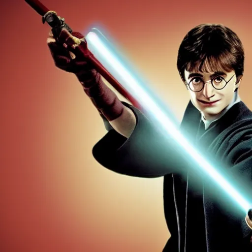 Prompt: Harry Potter using a light saber