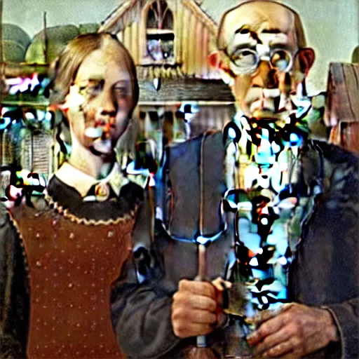 Image similar to a painting of american gothic by leonardo da vinci, oil painting