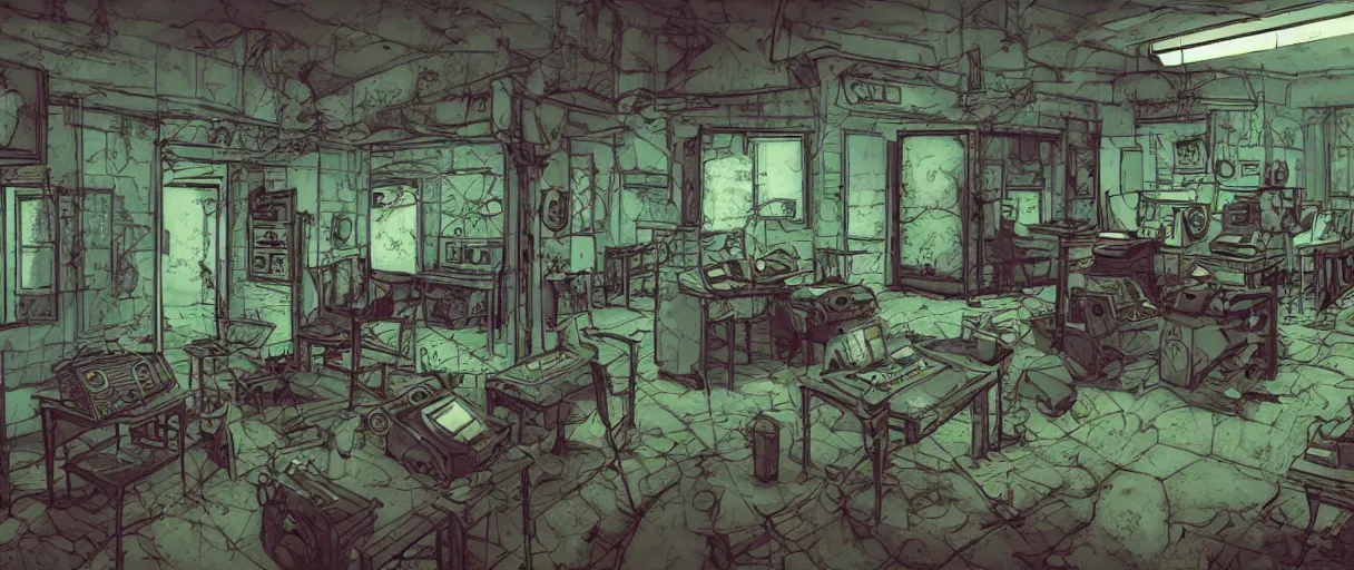 Image similar to abandoned laboroatory from cold war era, room full of cold war era computers, faded out colors place mosquet painting digital illustration hdr stylized digital illustration video game icon global illumination ray tracing advanced technology that looks like it is from borderlands and by feng zhu and loish and laurie greasley, victo ngai, andreas rocha, john harris
