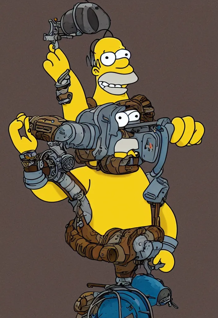 Prompt: Homer Simpson in Fury Road Road Warrior movie, borderlands 4k render