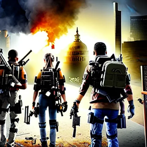 Prompt: the division 2 poster set in an apocalyptic los angeles, agent standing with a gun in the foreground, cinematic, 4 k