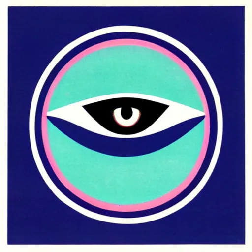 Prompt: logo of eye looking down on city, symmetrical, washed out color, centered, art deco, 1 9 5 0's futuristic, glowing highlights, intense