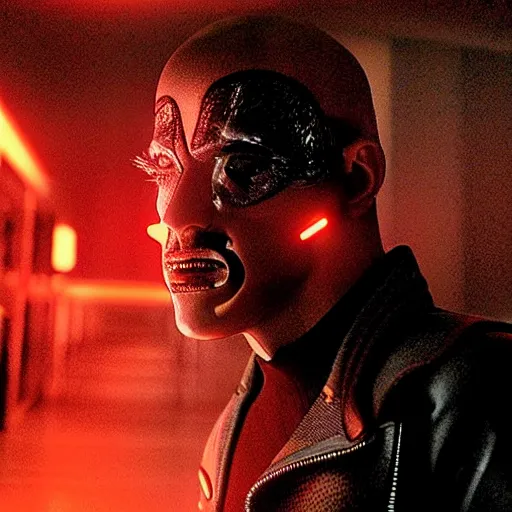 Image similar to movie still of a villain cyborg, facial expression, cinematic composition, cinematic light, surreal cinema, by edgar wright and david lynch,