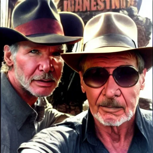 Image similar to chris patt as indiana jones 5, epic pose, selfie with harrison ford