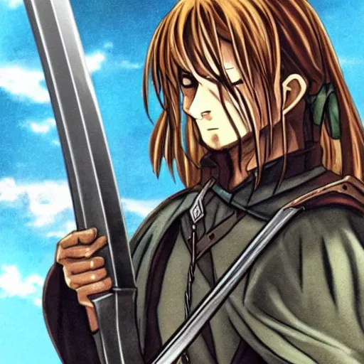 Image similar to boromir in an anime world, holding a sword, incredibly detailed, ultra realistic