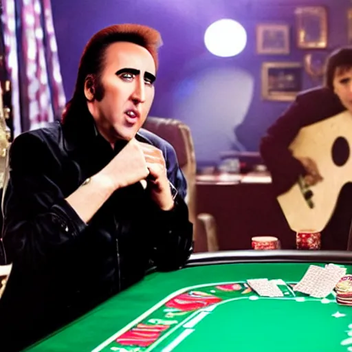 Image similar to nicolas cage as elvis presley playing the guitar over a poker table