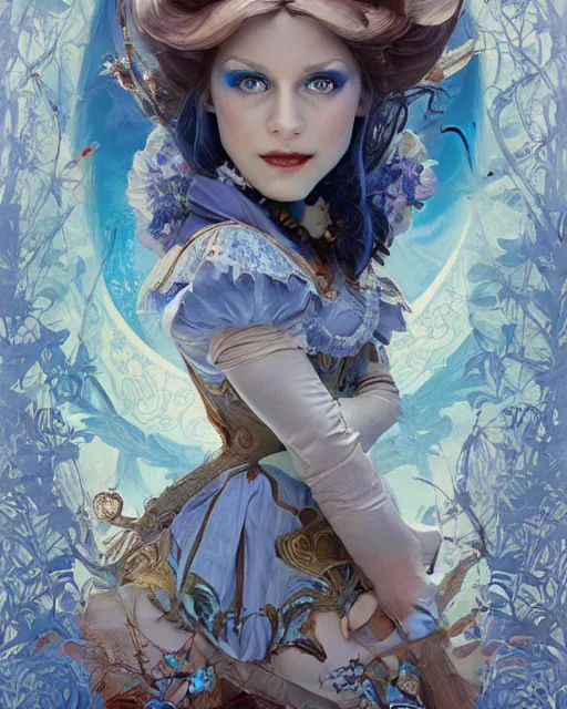 Image similar to movie poster of \'alice in wonderland\', wearing blue and white armor, fantasy, intricate, elegant, highly detailed, digital painting, artstation, concept art, smooth, sharp focus, illustration, art by Fernanda Suarez and Artem Demura and alphonse mucha