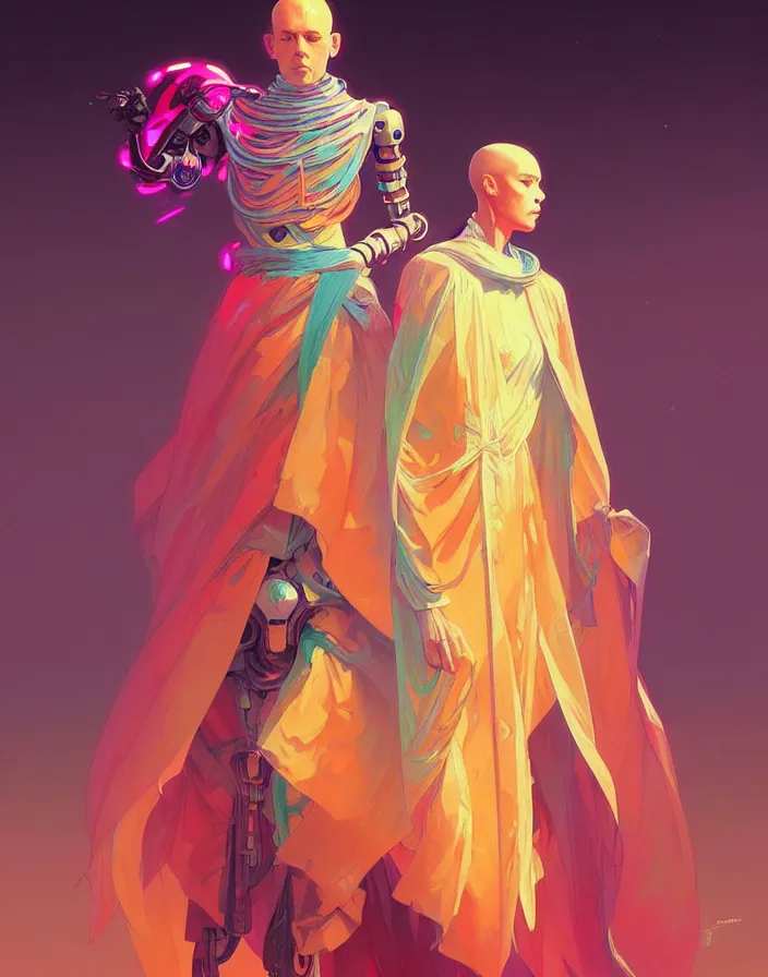 Image similar to a robot monk wearing a flowing cloak, vaporwave aesthetic, colorful, psychedelic, digital painting, artstation, concept art, smooth, sharp focus, illustration, art by artgerm and greg rutkowski and alphonse mucha