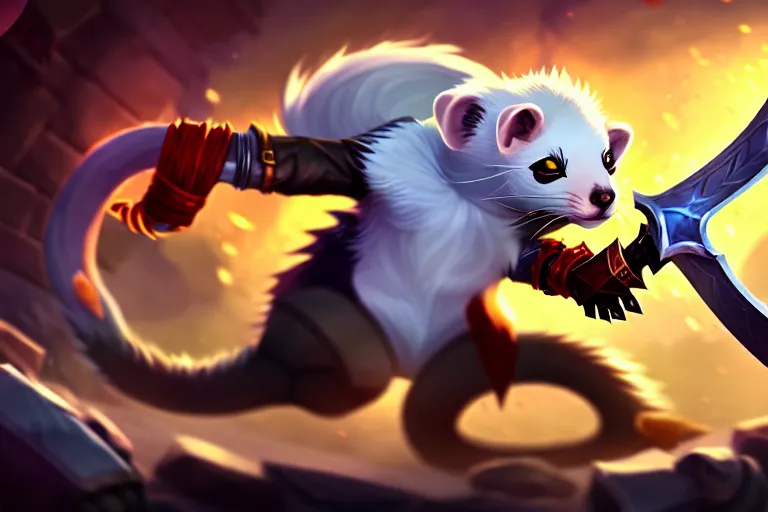 Image similar to a fierce and violent ferret boy furry with a sword and shield leaps into the fray. league of legends splash art