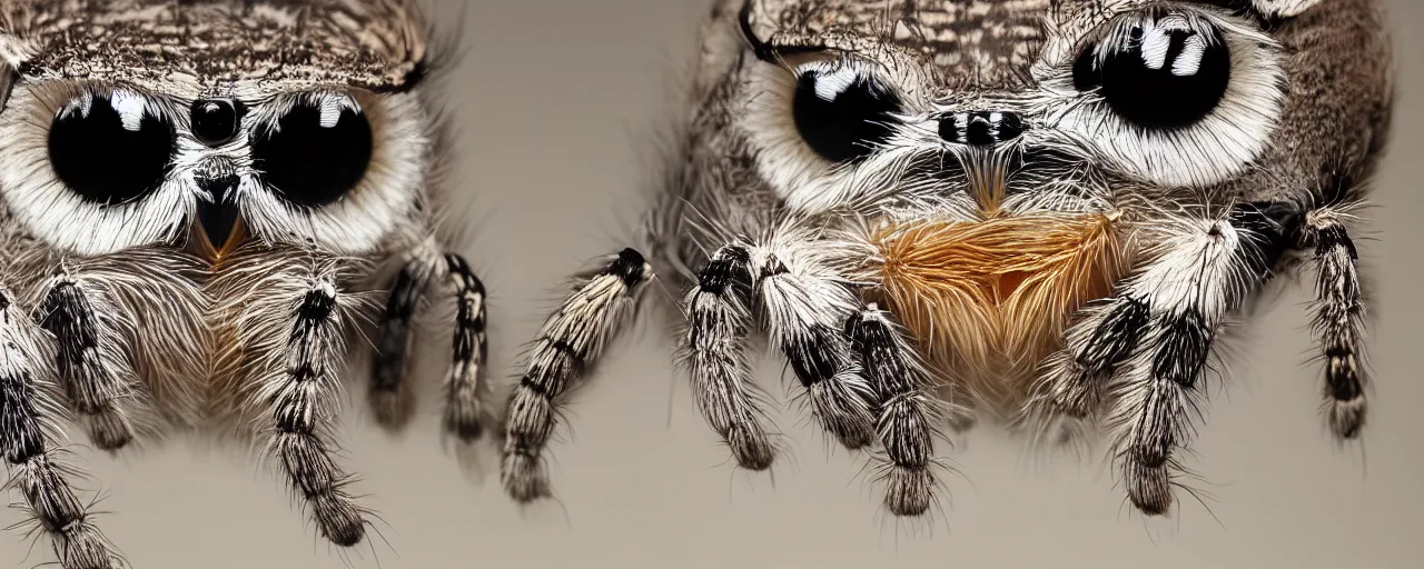 Image similar to a jumping spider mixed with an owl, hybrid creature, by Stanley Kubric, anamorphic lens, macro shot, bokeh, kodak color film stock, realistic, hyper detailed