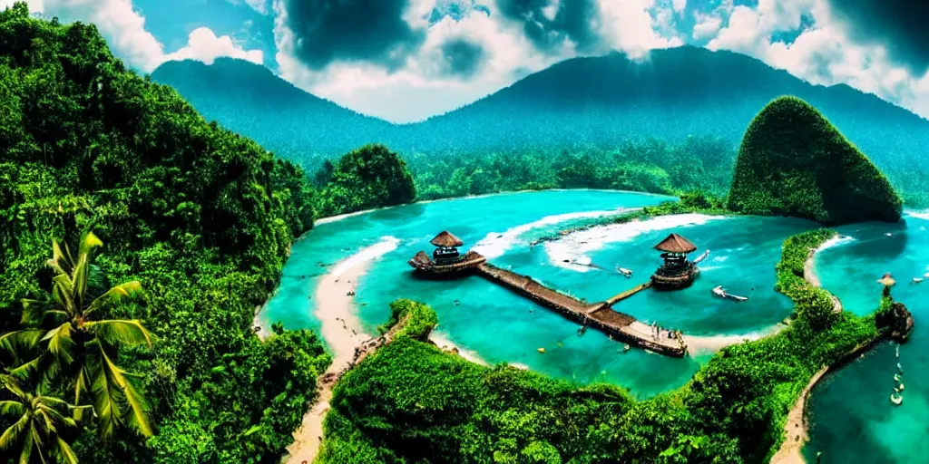Image similar to Bali, dream, steampunk, beautiful nature, sunny day, sunshine lighting high mountains, which are higher than white fluffy clouds with green trees on top, a small wooden bridge connecting two mountains, ocean beneath the mountains with clear blue water, steel whales jumping and showing from the waves, cinematic, 8k, highly detailed
