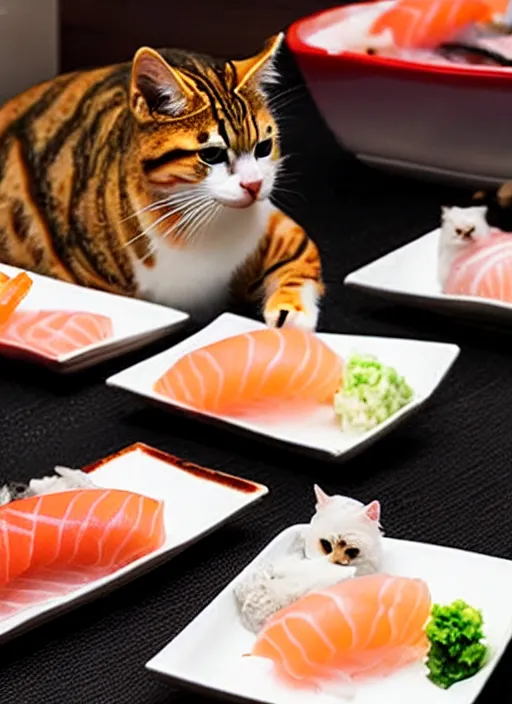 Image similar to clear photograph of cute cats stealing sushi from sushi plates