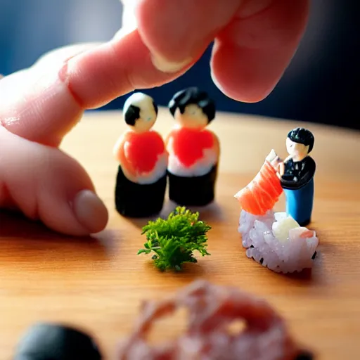 Prompt: miniature people making sushi