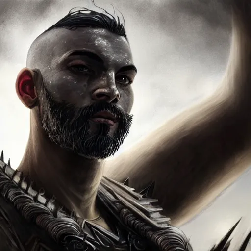 Prompt: a d & d portrait of an armored gray - skinned goliath with face tattoos, sides of head shaved with black ponytail, black beard, art by deiv calviz, splash art, natural light, fantasy, atmospheric lighting, by greg rutkowski, hd wallpaper, ultra high details, cinematic composition, professional unique masterpiece